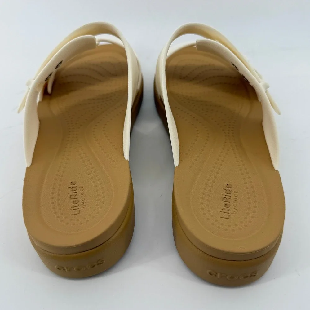 Crocs Brooklyn Buckle Low Wedge Sandal White Tan Women 6 Slip On Flip Flop New